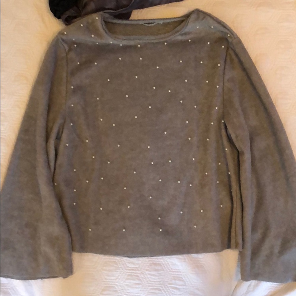 Zara Grey Bell Sleeve Pearl Sweater